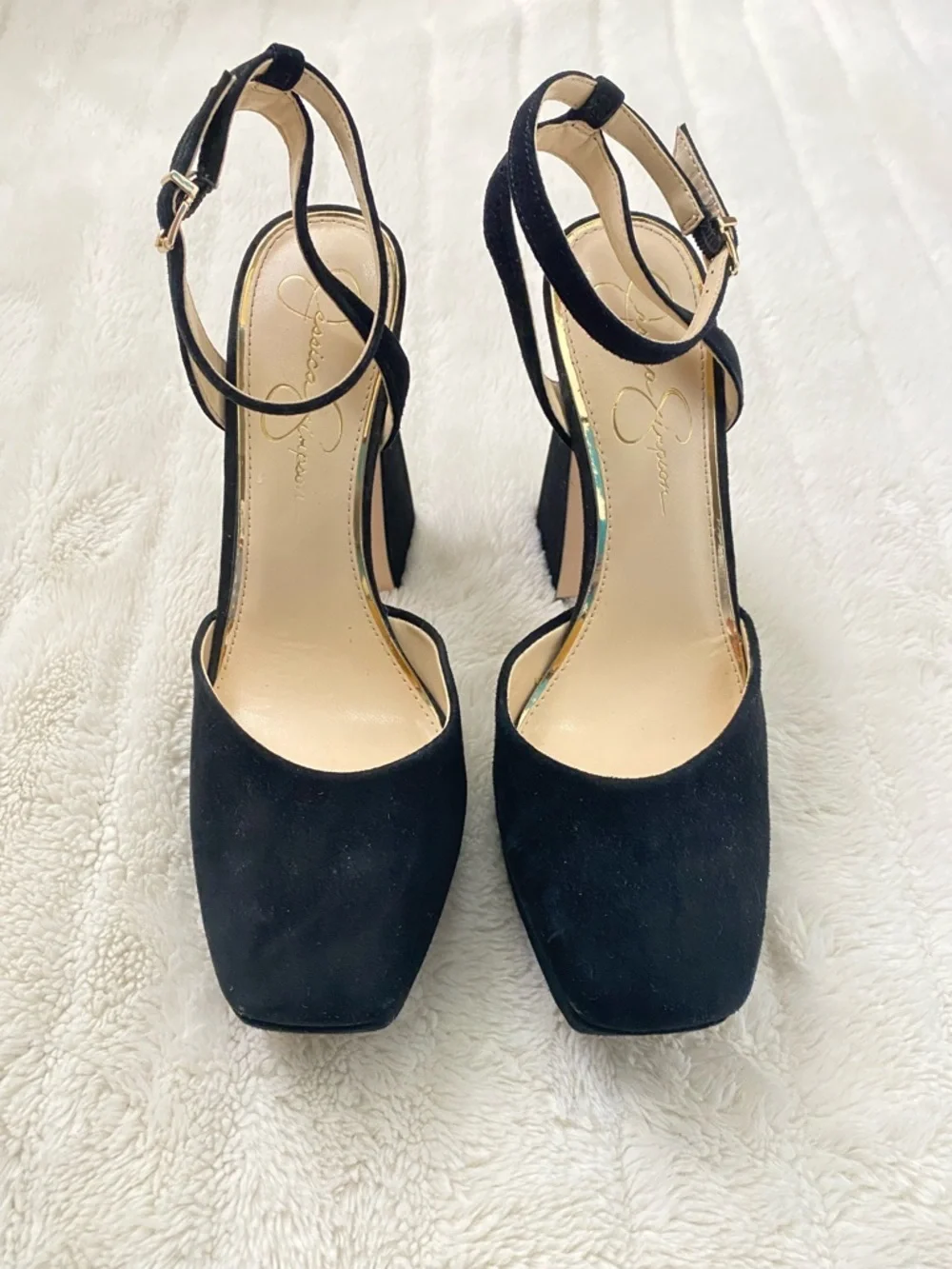 Jessica Simpson Black Suede Platform Block Heels with Ankle Strap Size 8.5